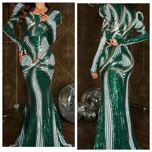 Dark Green Graphic Print, Mesh, Sequined Mermaid Maxi Gown